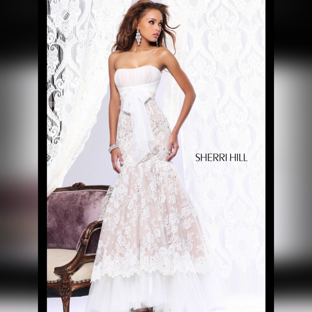 $1200 Sherri Hill 21010 Ivory Nude Gala Pageant Wedding Gown Dress